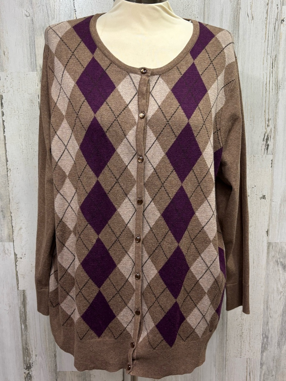Croft & Barrow Plus Size Taupe & Purple Argyle Button-Front Sweater